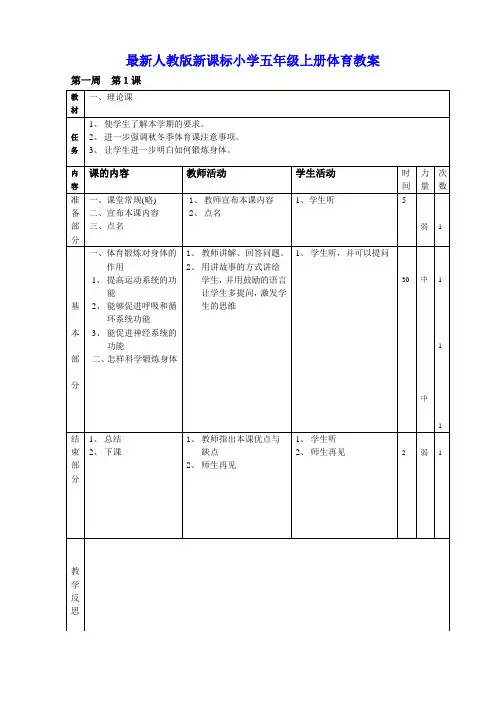最新人教版小学五年级上册体育教案全套(表格式)