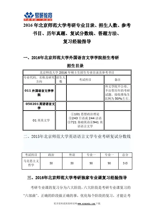 2016年北京师范大学英语语言文学专业目录、招生人数、参考书目、历年真题、复试分数线、答题方法、经验指导