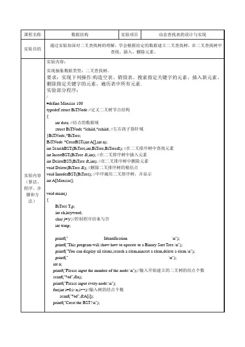 二叉查找树实现代码及运行结果
