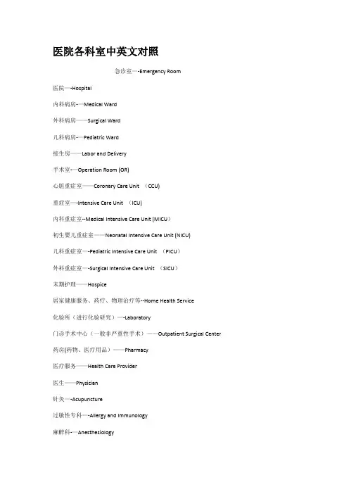 医院各科室中英文对照