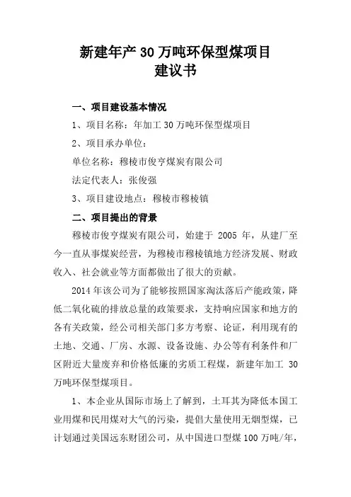 新建年产20万吨工业型煤中外合作项目建议书