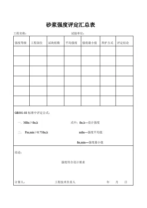 砂浆强度评定汇总表