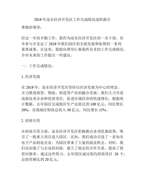2019年沧东经济开发区工作完成情况述职报告