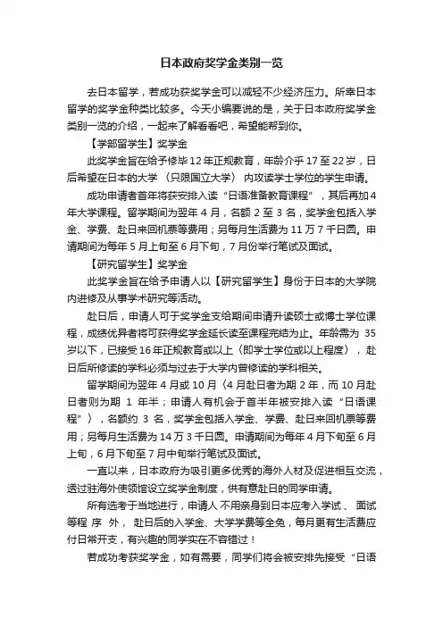 日本政府奖学金类别一览