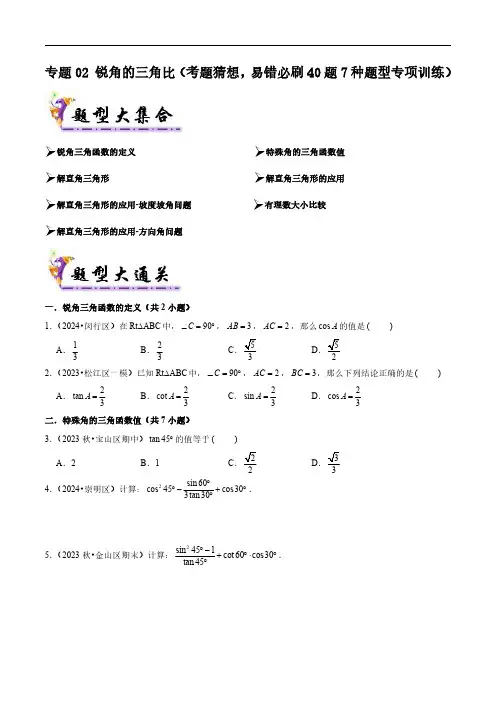 锐角的三角比(考题猜想,易错必刷40题7种题型专项训练)(学生版) 2025学年九年级数学上学期期中