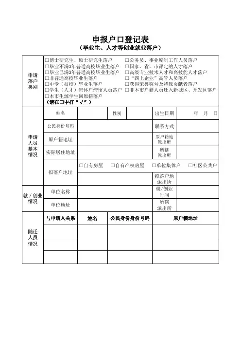 2018年武汉市大学生人才申报户口登记表