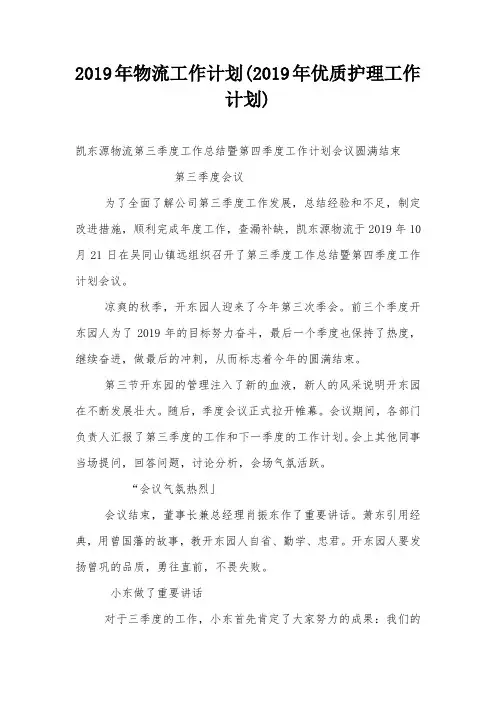 2019年物流工作计划(2019年优质护理工作计划)
