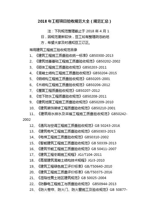 2018年工程项目验收规范大全（规范汇总）