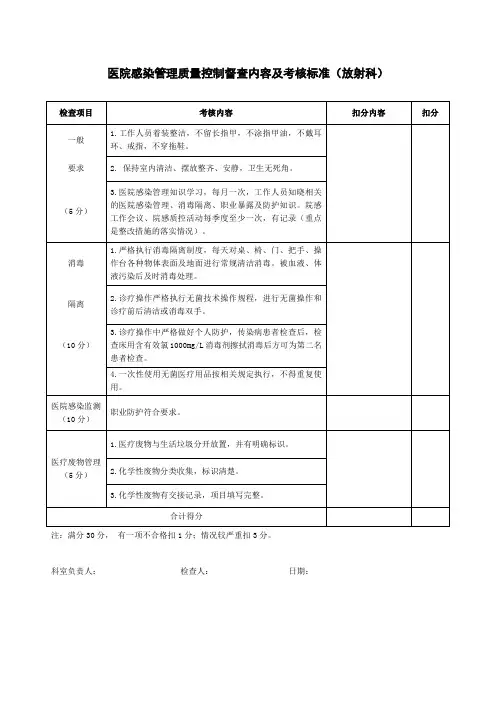 医院感染管理质量控制督查内容及考核标准(放射科)