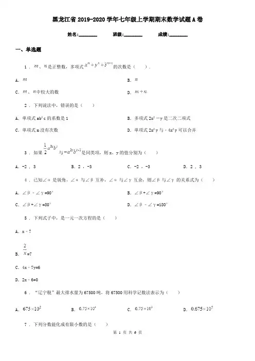 黑龙江省2019-2020学年七年级上学期期末数学试题A卷