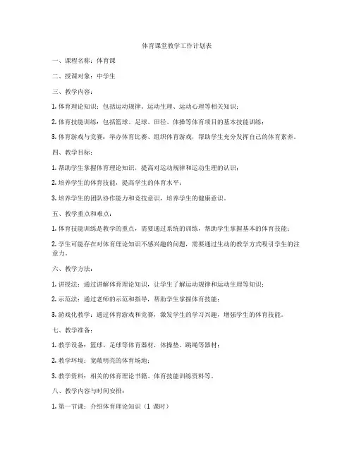 体育课堂教学工作计划表