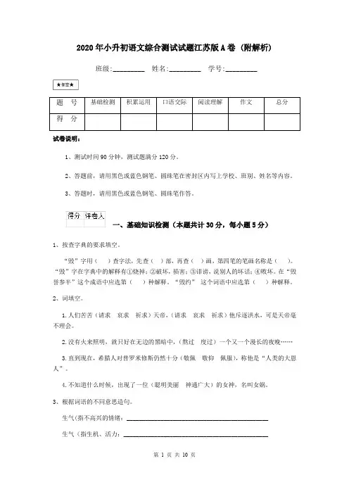 2020年小升初语文综合测试试题江苏版A卷 (附解析)