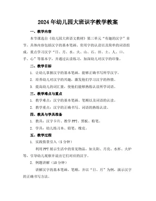 2024年幼儿园大班识字教学教案