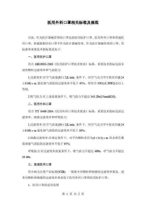 医用外科口罩相关标准及规范