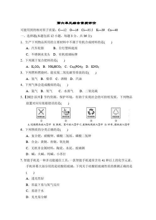 鲁教版(五四制)化学九年级全一册第六单元化学与社会发展 综合素质评价  含答案