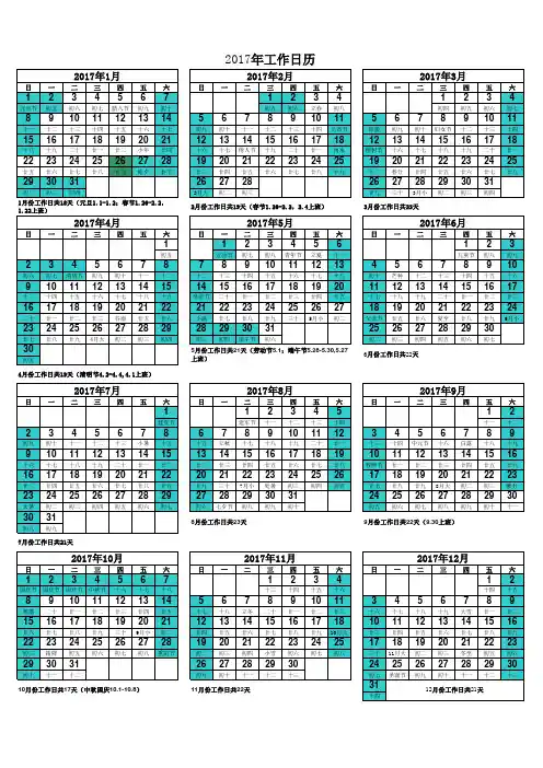 2017年工作日历(含每月工作日天数以及节假日)