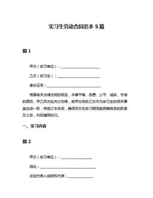 实习生劳动合同范本5篇