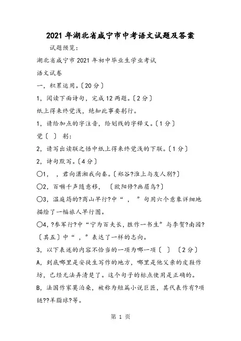 湖北省咸宁市中考语文试题及答案