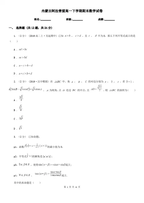 内蒙古阿拉善盟高一下学期期末数学试卷