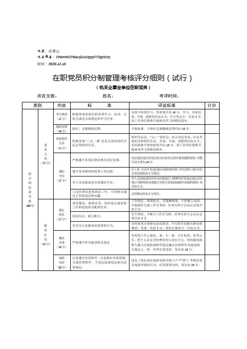 2020年在职党员积分制管理考核评分细则