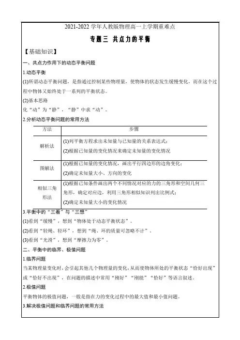 2021-2022学年人教版物理高一上学期重难点三 共点力平衡(解析版)