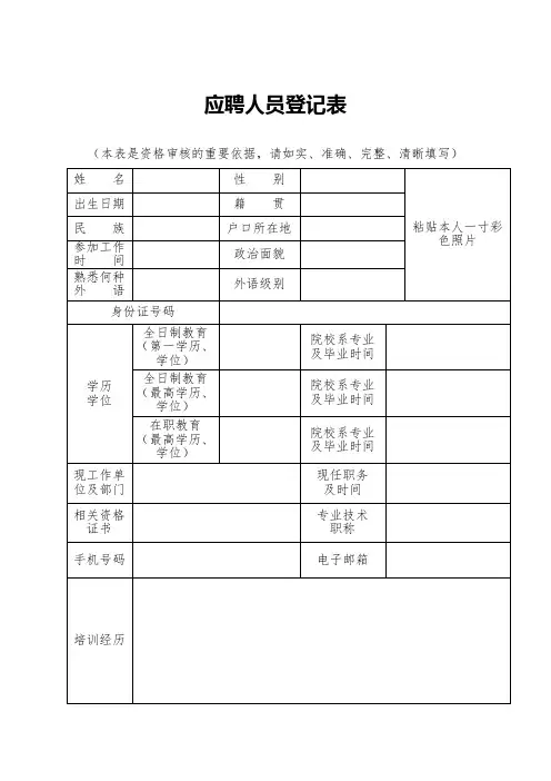 应聘人员登记表