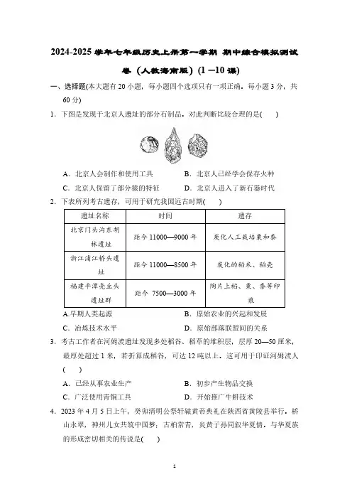 2024-2025学年七年级历史上册第一学期 期中综合模拟测试卷(人教海南版)