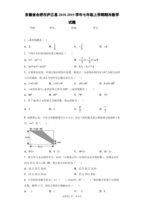 沪科版 七年级 上  数学 期末试卷附详细解析 安徽 上海  (7)