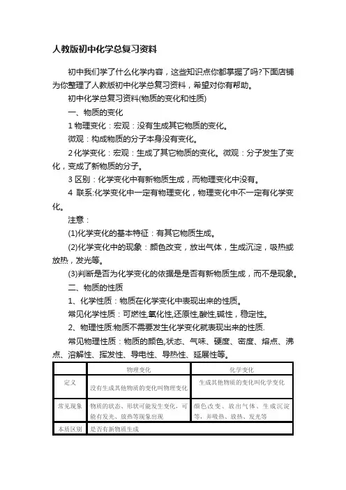 人教版初中化学总复习资料