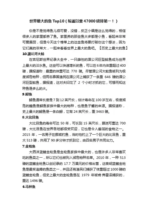 世界最大的鱼Top10（鲸鲨以重47000磅排第一！）