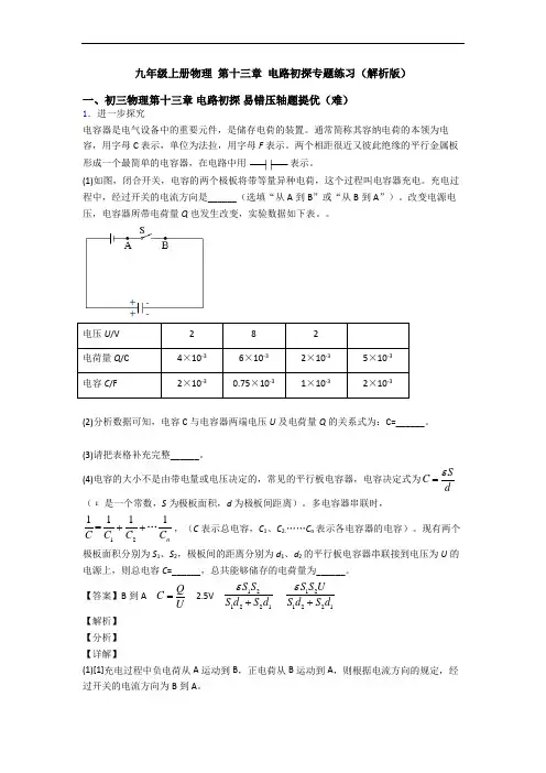 九年级上册物理 第十三章 电路初探专题练习(解析版)