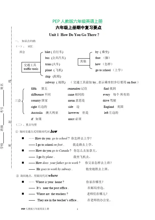 新PEP小学英语六年级上册期中复习知识点总结及练习(打印版)