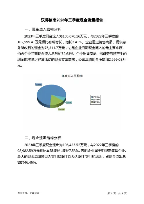 300170汉得信息2023年三季度现金流量报告