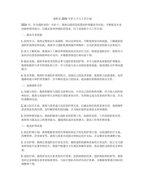 透析室2024年护士个人工作计划