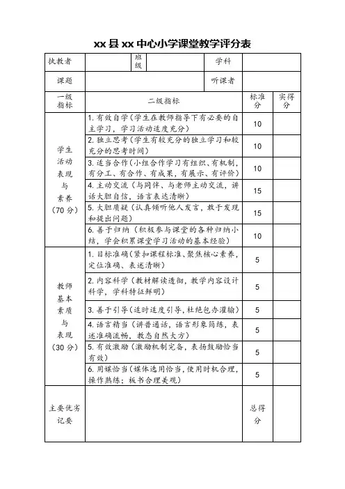 小学课堂教学评分表