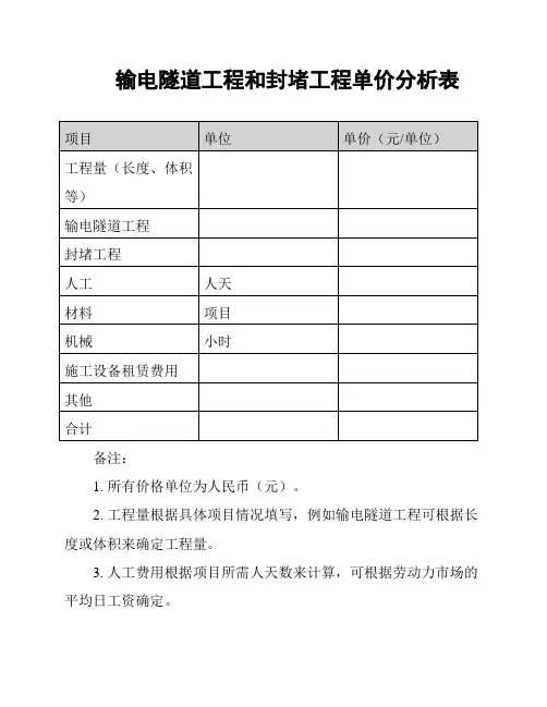 输电隧道工程和封堵工程单价分析表