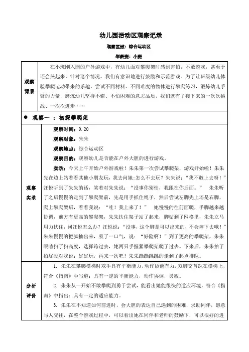 幼儿园小班综合运动区(趣味攀爬)观察记录