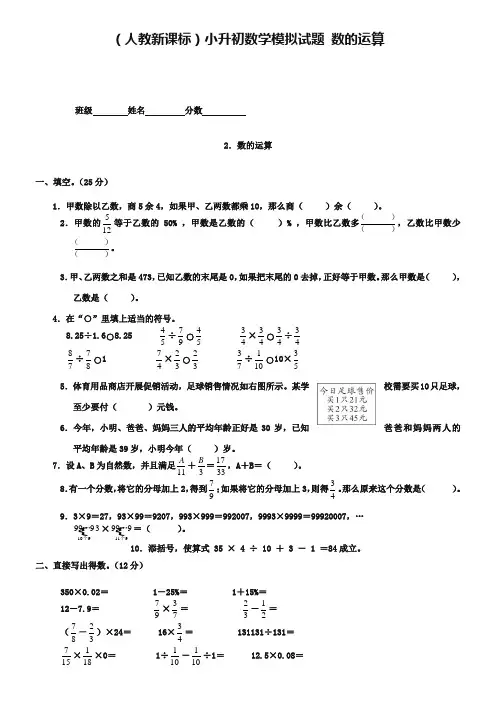 人教版六年级数学小升初专题练习：数的运算