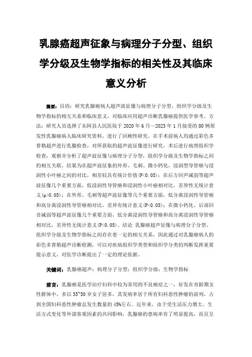 乳腺癌超声征象与病理分子分型、组织学分级及生物学指标的相关性及其临床意义分析