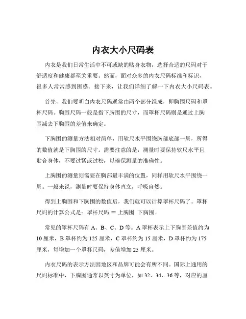 内衣大小尺码表