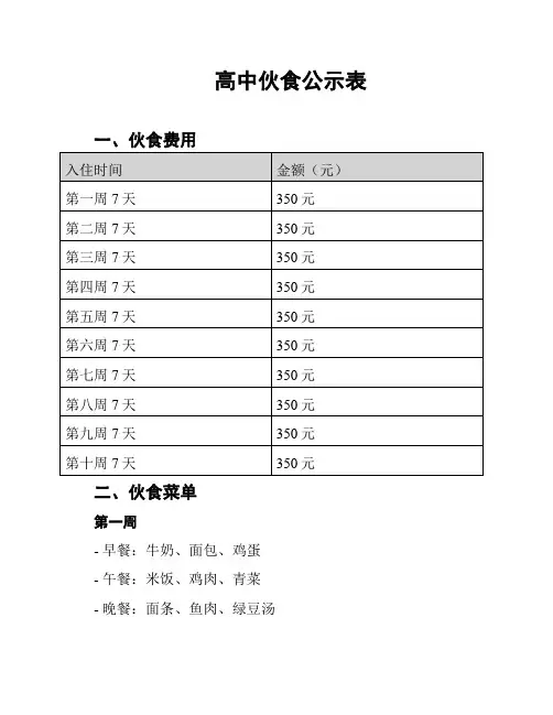 高中伙食公示表