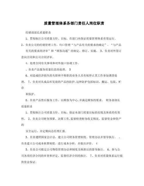质量管理体系各部门责任人岗位职责