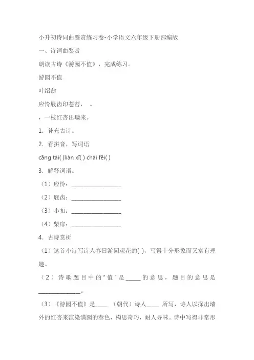 部编版小学语文六年级下册小升初诗词曲鉴赏练习卷(有答案)