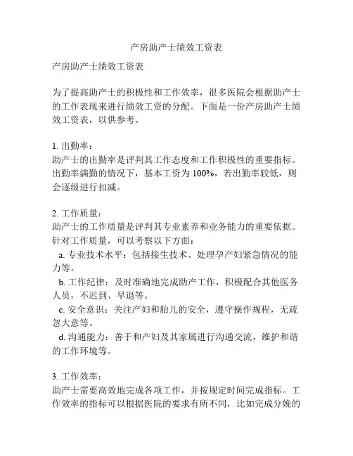 产房助产士绩效工资表