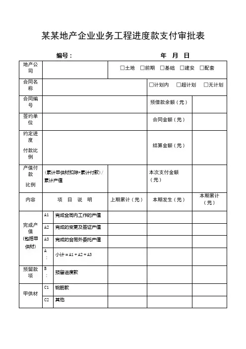 某某地产企业业务工程进度款支付审批表