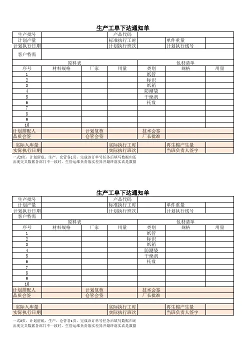 生产工单下达格式表