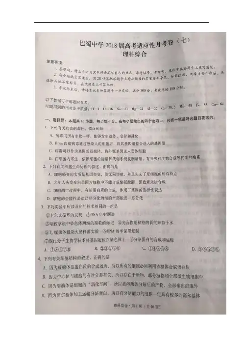 重庆市巴蜀中学高三适应性月考(七)理科综合试题