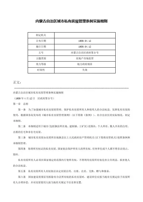内蒙古自治区城市私有房屋管理条例实施细则-内蒙古自治区政府第3号