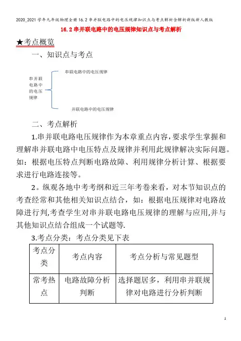 九年级物理全册16.2串并联电路中的电压规律知识点与考点解析含解析