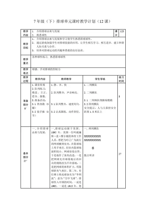 初中：7年级(下)排球单元课时计划(12课)